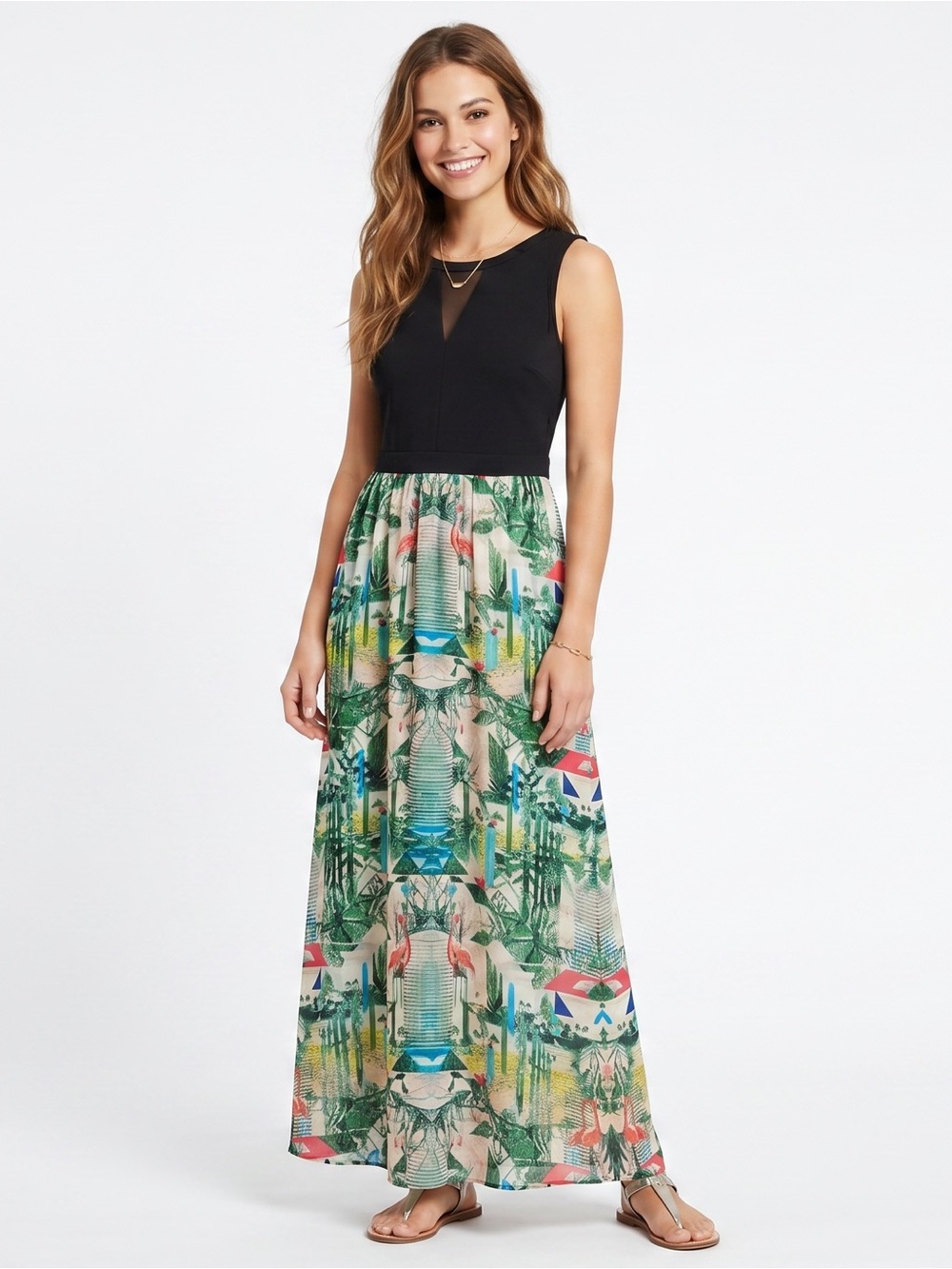 Nicole Tropical Flamingo Print Black Bodice Sheer Panel Sleeveless Maxi Dress